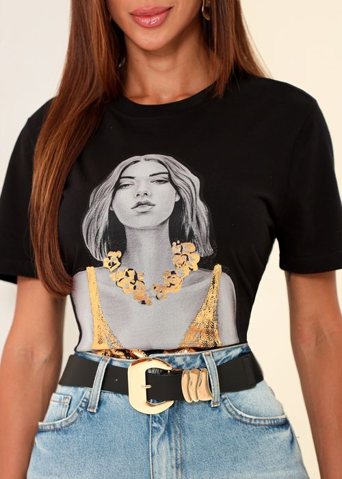 Camiseta Meia Malha Girl Gold Com Aplicação de Hot Fix
