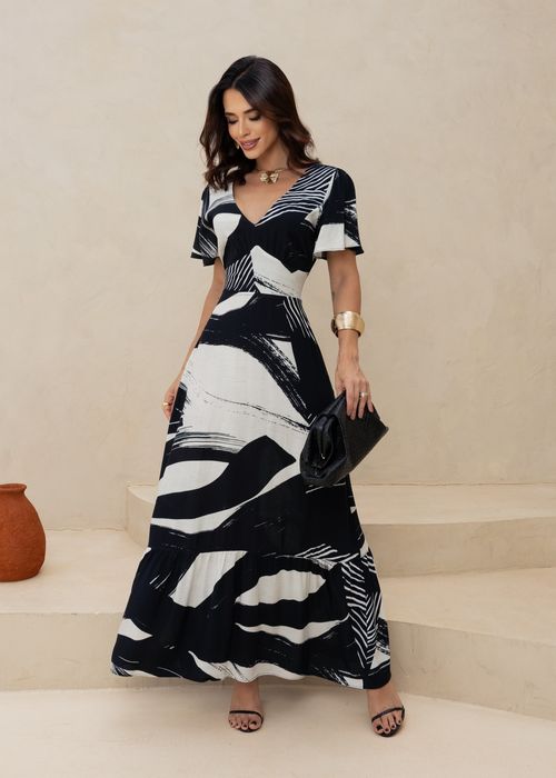 Vestido Longo Estampado Veraneio Preto