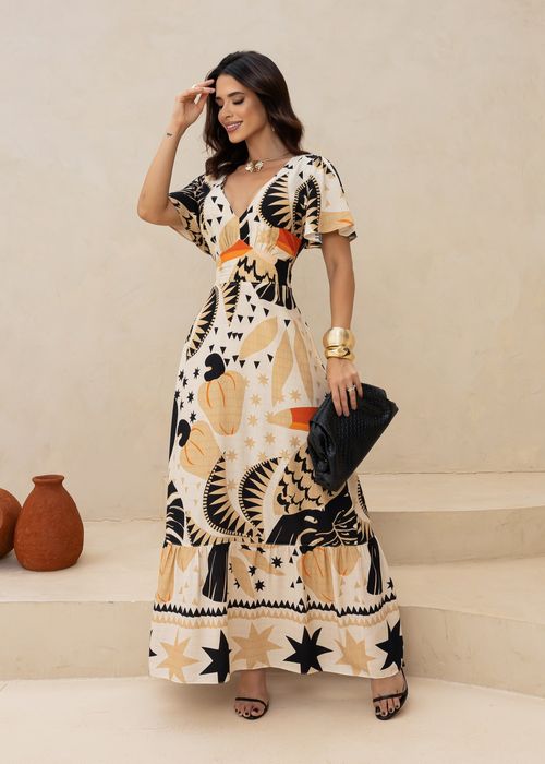 Vestido Longo Estampado Veraneio Areia