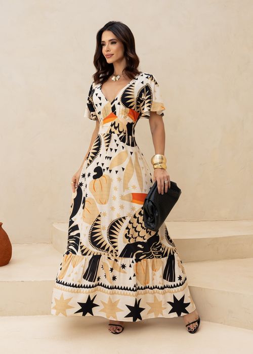 Vestido Longo Estampado Veraneio Areia