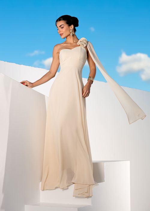 Vestido Longo Musseline Nula Manga c/ Detalhe Floral Nude