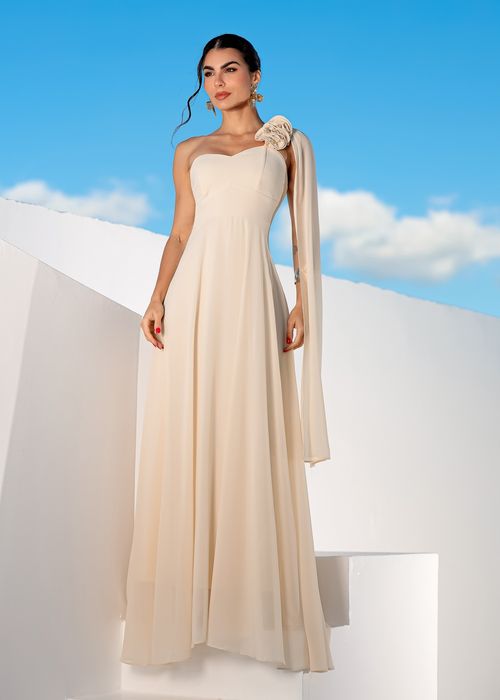 Vestido Longo Musseline Nula Manga c/ Detalhe Floral Nude