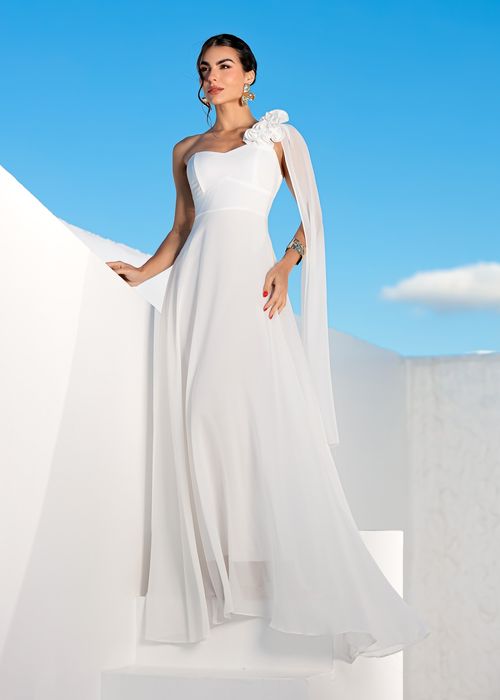 Vestido Longo Musseline Nula Manga c/ Detalhe Floral Branco