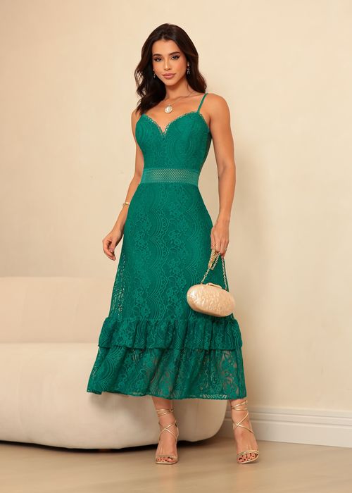 Vestido Longo Renda c/ Guipir Entremeio Verde Esmeralda