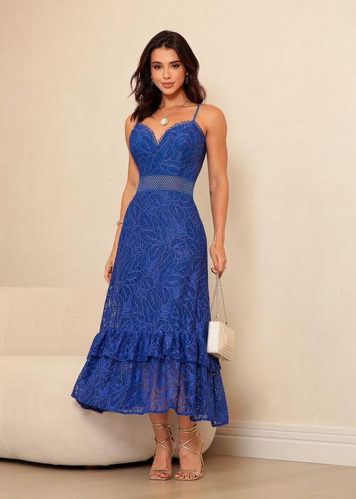 Vestido Longo Renda c/ Guipir Entremeio Azul