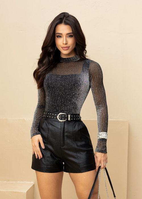 Body Tule Plissado Lurex Glow Preto