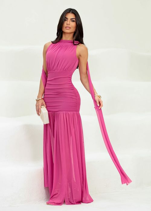 Vestido Longo Plissado de Festa Tule Fúcsia