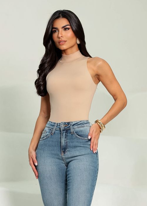 Body Poliamida Premium Gola Alta Básico Areia