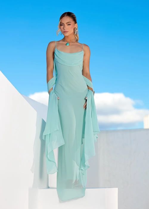 Vestido Fluído c/ Decote Meia Taça Turquesa