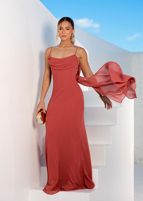 Vestido Fluído c/ Decote Meia Taça Marrom