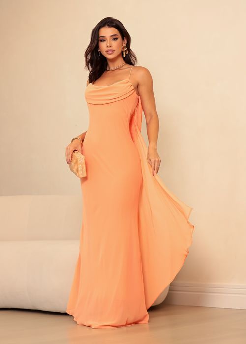 Vestido Fluído c/ Decote Meia Taça Salmão