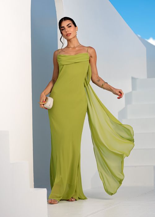 Vestido Fluído c/ Decote Meia Taça Verde Folha