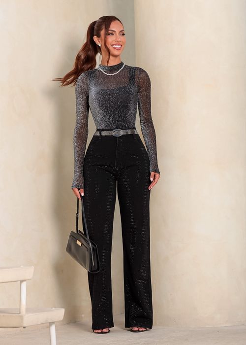 Calça Jeans Reta Aplicação Strass Caviar Preto