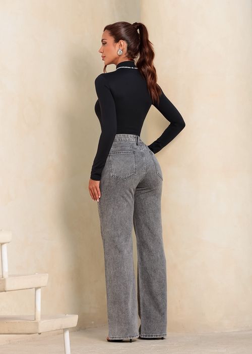 Calça Jeans Reta Aplicação Strass Caviar Cinza