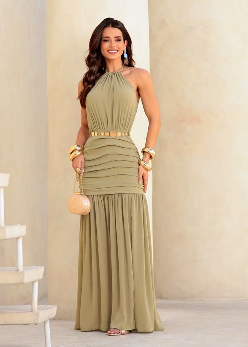 Vestido Longo Chiffon c/ Drapeado e Fenda Verde Sálvia
