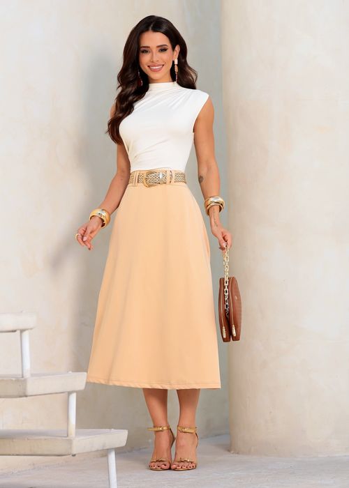 Saia Midi Evasê Chic Nude