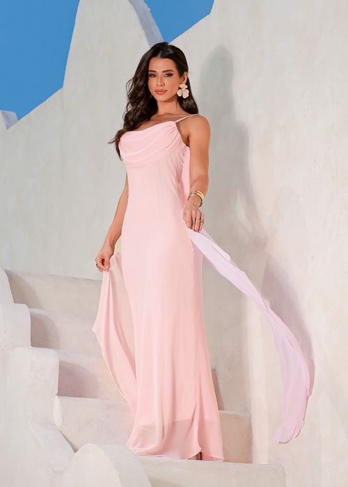 Vestido Fluído c/ Decote Meia Taça Rosa Quartz
