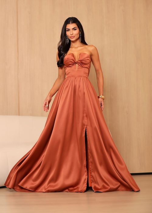 Vestido Longo de Festa Strapless Estruturado Terracota