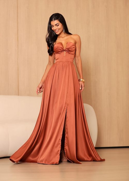 Vestido Longo de Festa Strapless Estruturado Terracota