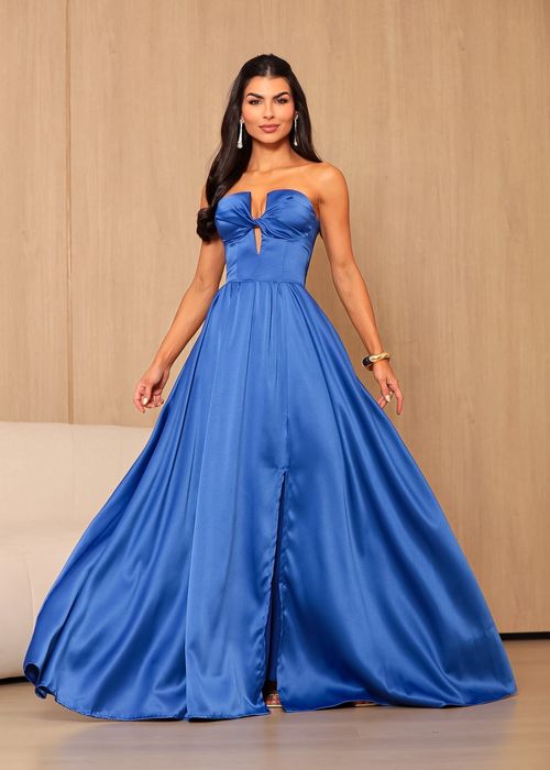 Vestido Longo de Festa Strapless Estruturado Azul Royal
