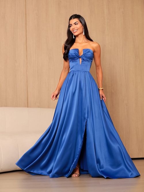 Vestido Longo de Festa Strapless Estruturado Azul Royal