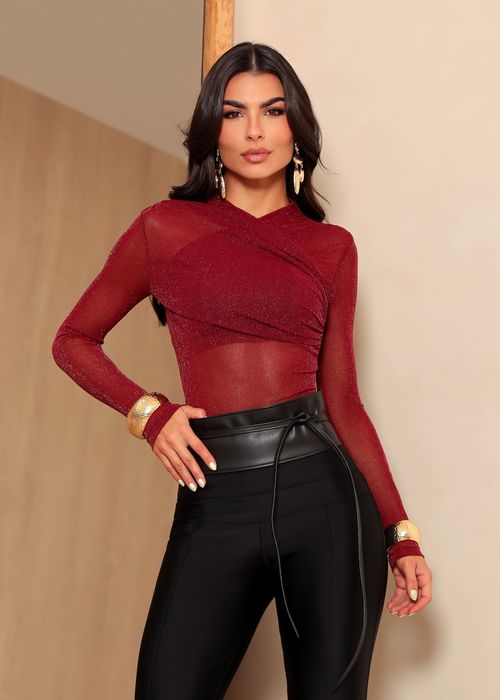 Body Tule Brilho Gola Alta Transpassada Bordô
