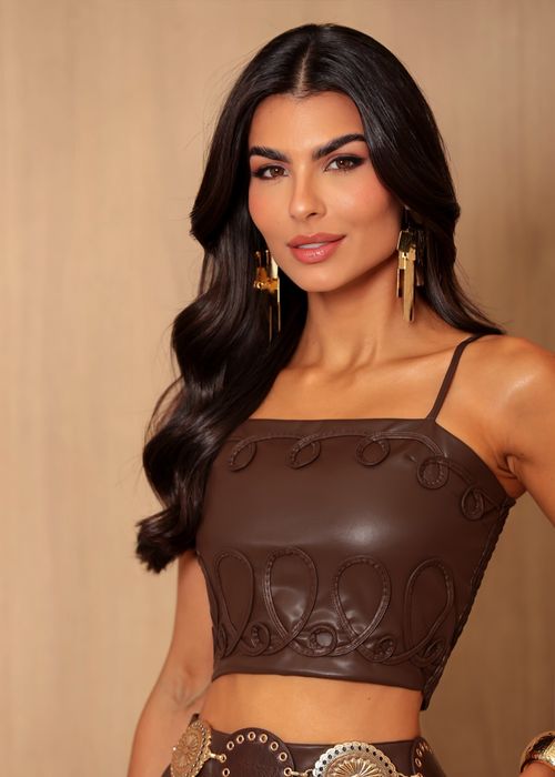 Cropped PU c/ Aplicações Soutache Marrom
