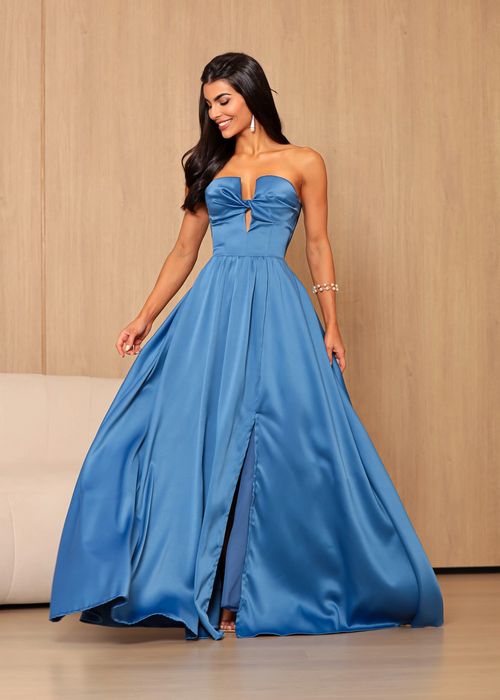 Vestido Longo de Festa Strapless Estruturado Azul Clássico