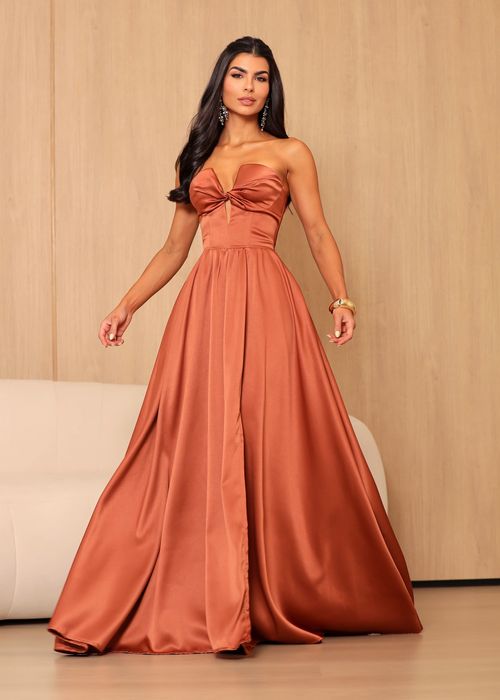 Vestido Longo de Festa Strapless Estruturado Terracota