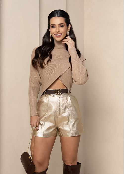 Blusa Tricot Canelado Transpassado Gola Alta Nude