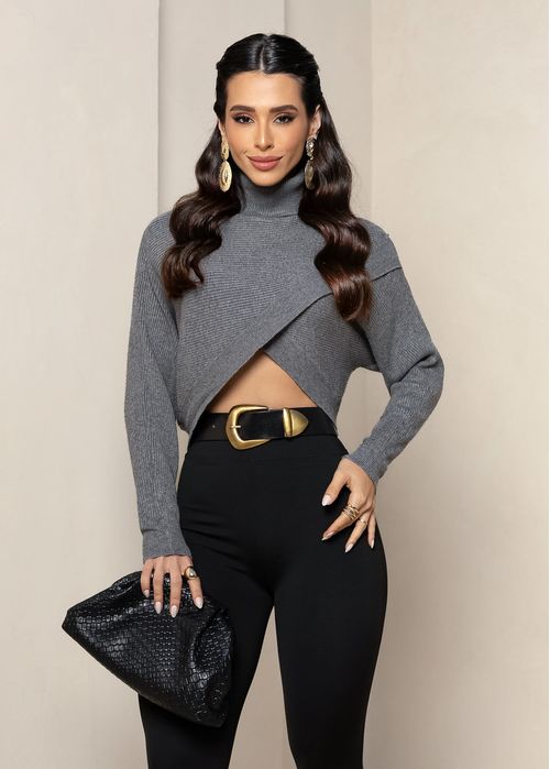 Blusa Tricot Canelado Transpassado Gola Alta Cinza
