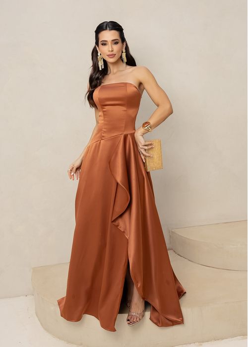 Vestido Longo de Festa Strapless c/ Fenda Terracota