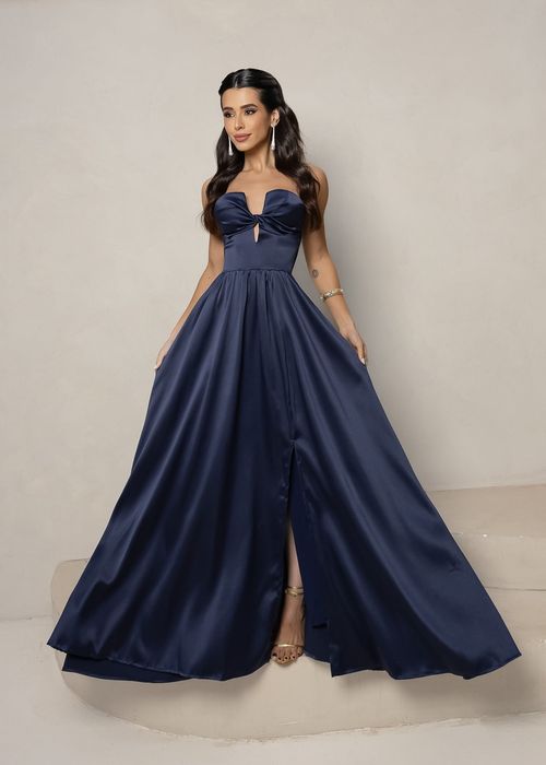 Vestido Longo de Festa Strapless Estruturado Azul Marinho