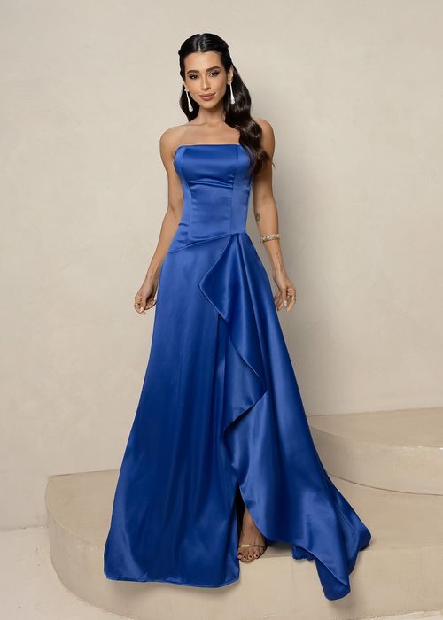 Vestido Longo de Festa Strapless c/ Fenda Azul Royal