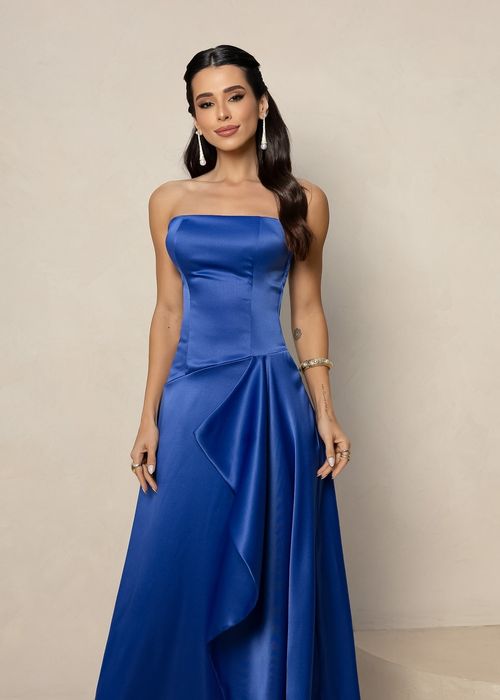 Vestido Longo de Festa Strapless c/ Fenda Azul Royal
