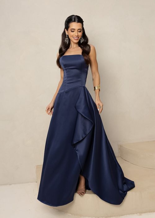 Vestido Longo de Festa Strapless c/ Fenda Azul Marinho