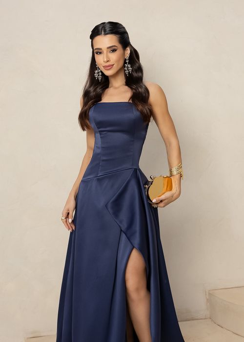 Vestido Longo de Festa Strapless c/ Fenda Azul Marinho