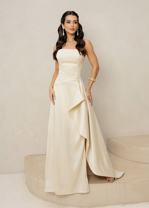 Vestido Longo de Festa Strapless c/ Fenda Marfim