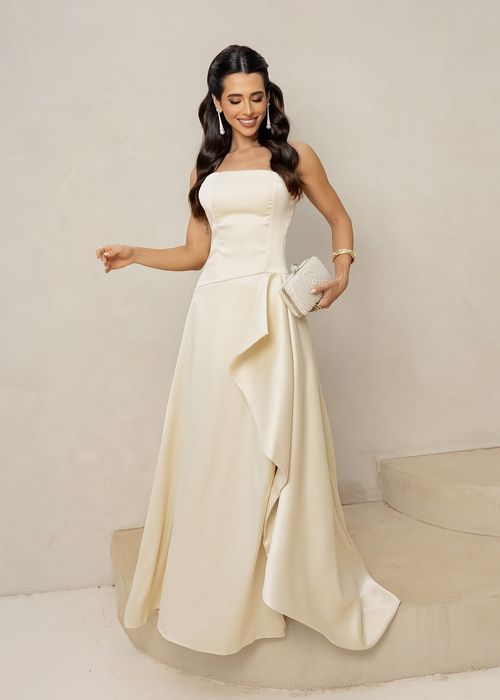 Vestido Longo de Festa Strapless c/ Fenda Marfim