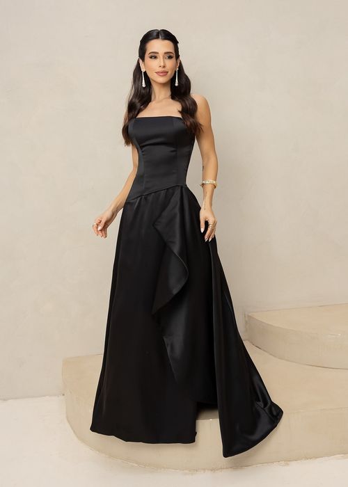 Vestido Longo de Festa Strapless c/ Fenda Preto