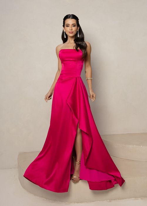 Vestido Longo de Festa Strapless c/ Fenda Pink