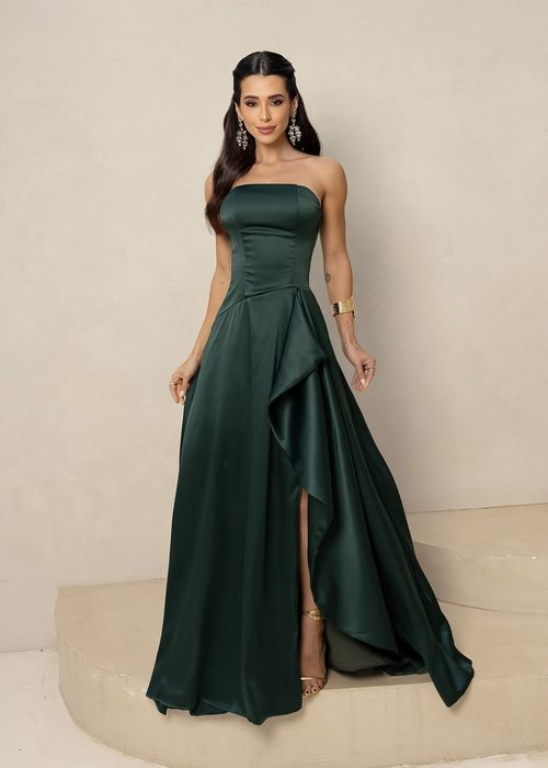 Vestido Longo de Festa Strapless c/ Fenda Verde Esmeralda