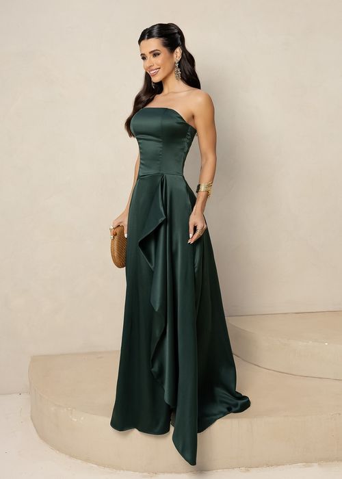 Vestido Longo de Festa Strapless c/ Fenda Verde Esmeralda