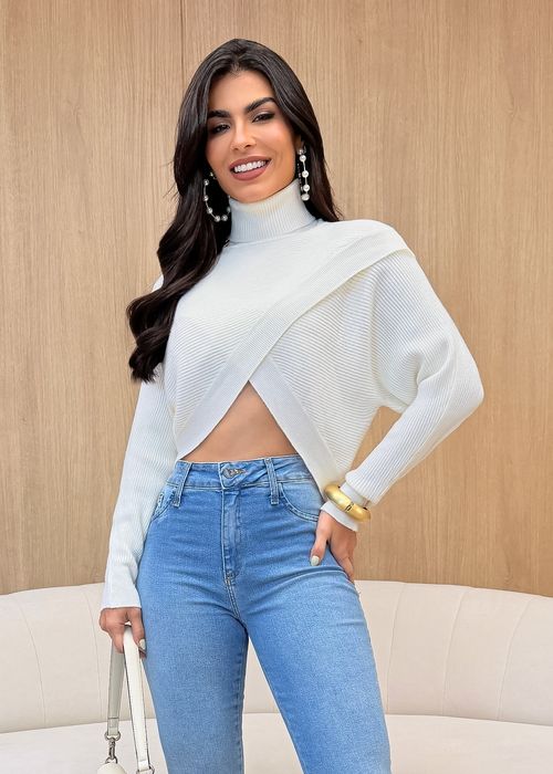 Blusa Tricot Canelado Transpassado Gola Alta Off White