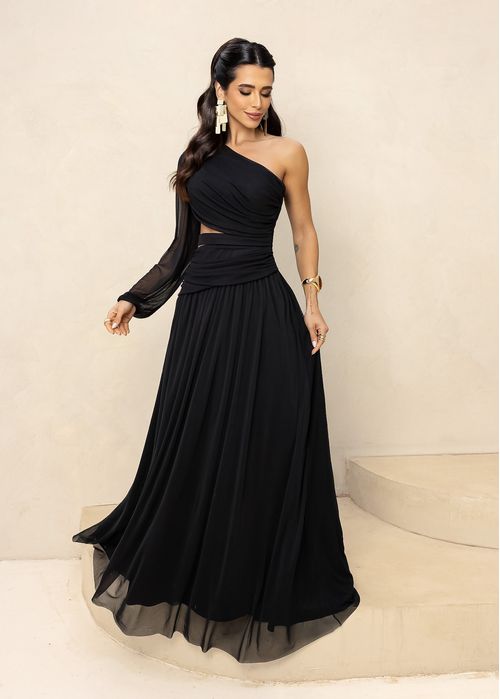Vestido Longo de Festa Tule Nula Manga Recortes Preto