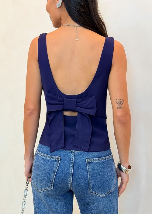 Blusa Alça Larga Decote Laço Costas Azul Marinho