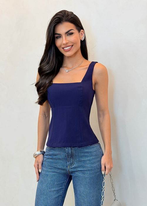 Blusa Alça Larga Decote Laço Costas Azul Marinho