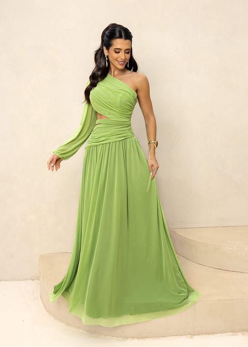 Vestido Longo de Festa Tule Nula Manga Recortes Verde