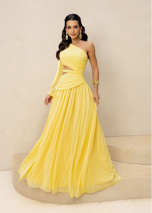 Vestido Longo de Festa Tule Nula Manga Recortes Amarelo