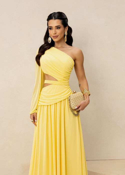 Vestido Longo de Festa Tule Nula Manga Recortes Amarelo